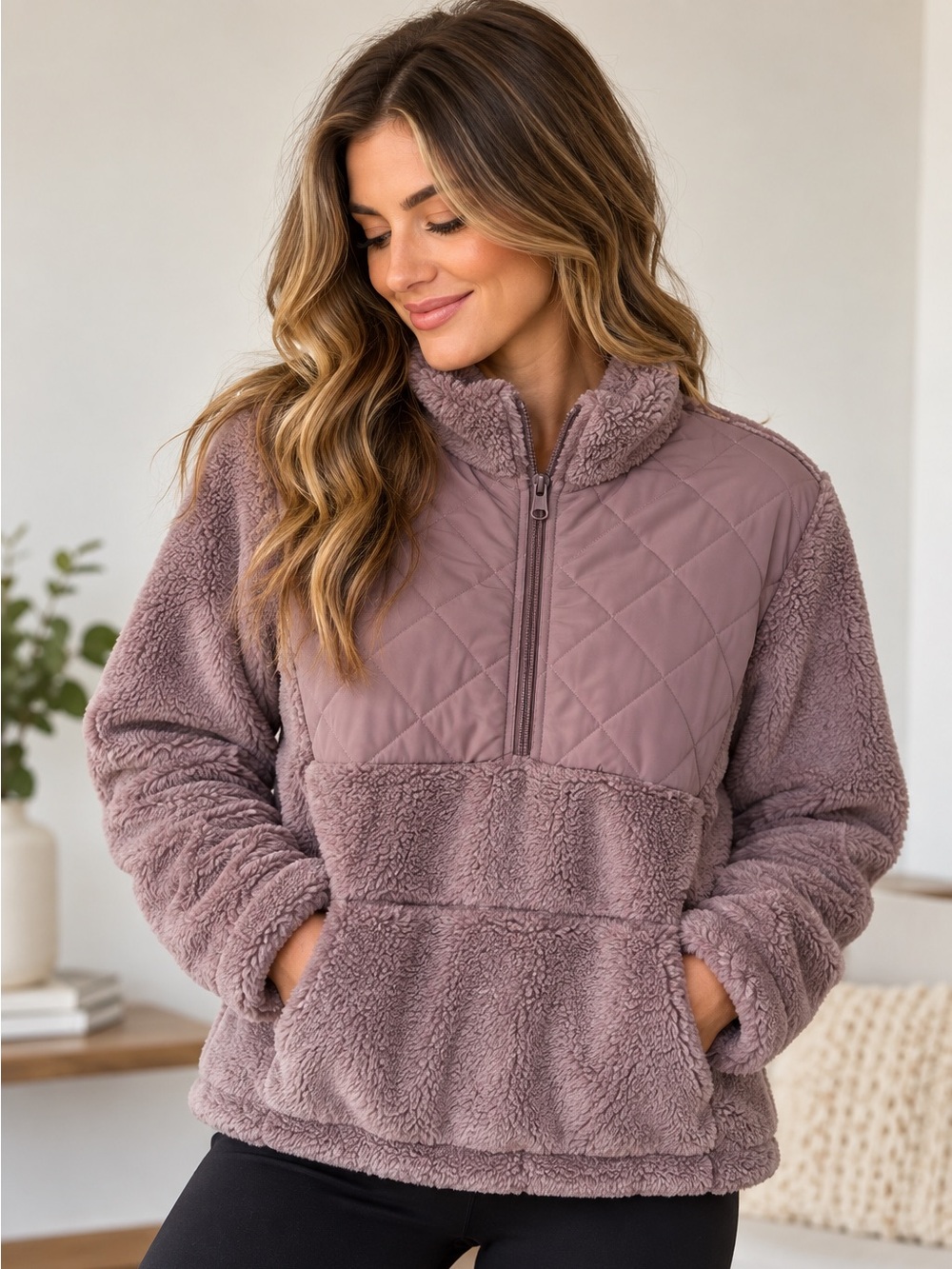 New Balance Dusty Mauve Quilted Teddy Fleece Half-Zip Large